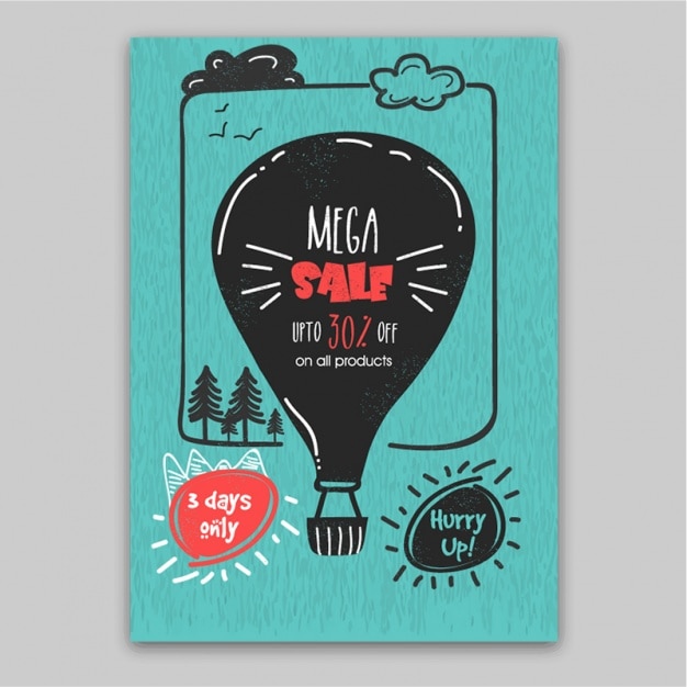 Vector sale flyer with hot air balloon and clouds