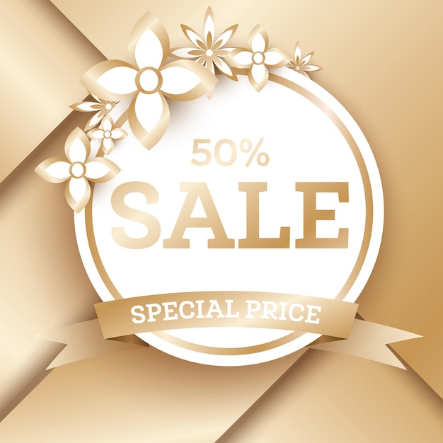 Sale golden banner template with flowers and copy space. sale tag. vector illustration.