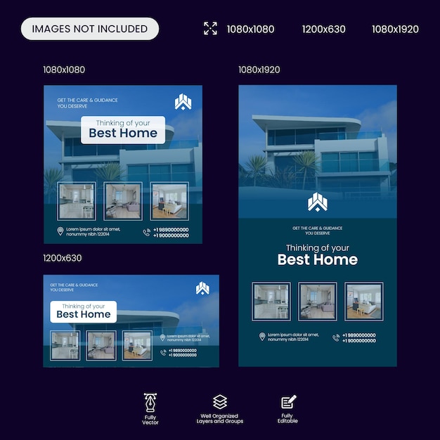 Vector sale homes and office real estate social media creatives design multiple sizes