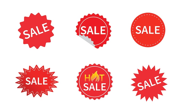 Vector sale label sale tags red starburst stickers red ribbon price and discount labels vector illustration