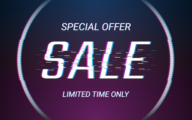 Sale label text in glitch and neon light color effect