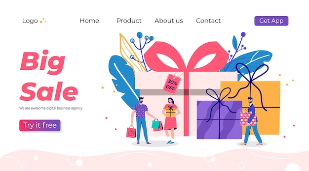 Vector sale landing page template. promotion of online shop loyalty program, bonus or reward. modern flat vector illustration for advertisement. seasonal discount website sale banner with people