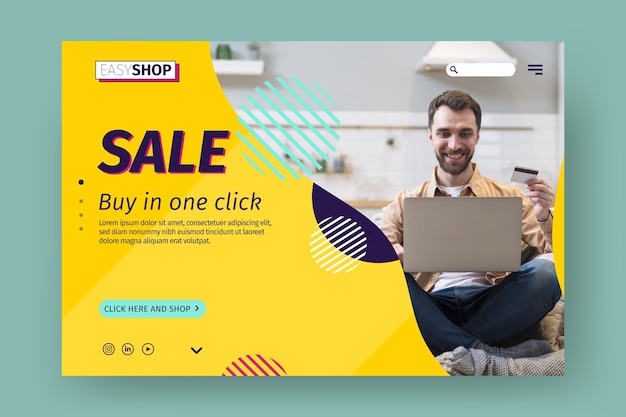 Vector sale landing page template with photo