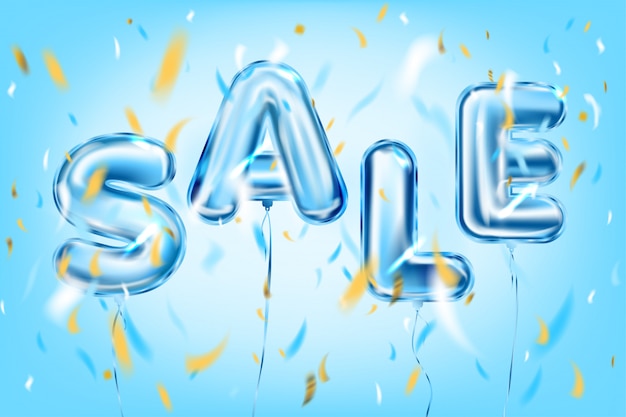 Vector sale lettering by blue metallic foil balloons in air