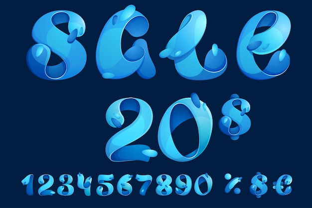 Vector sale lettering with numbers set percent and dollar sign ecology template with water waves and drops