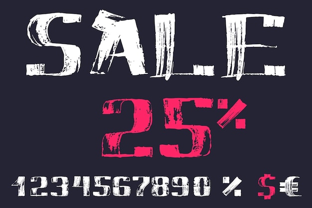 Sale lettering with numbers set percent dollar sign hand drawn with dry brush