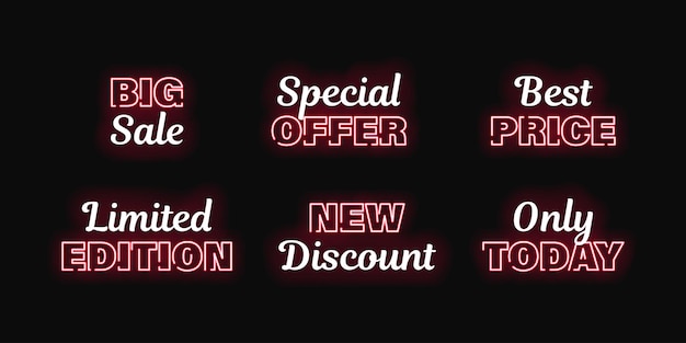 Sale neon glowing advertisement vector set Special offer lamp glow illustration