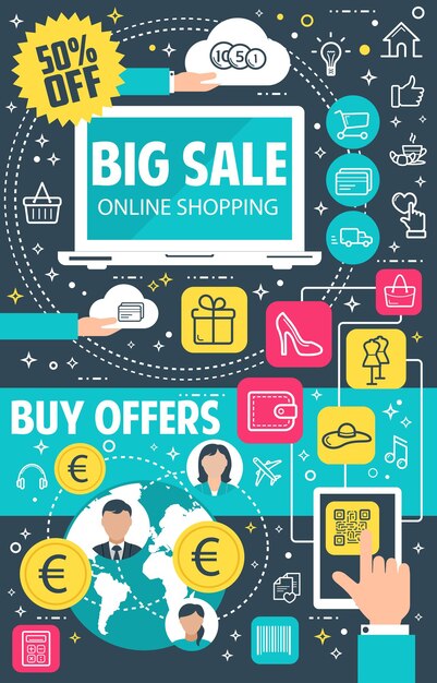 Banner piatto di offerta di vendita per il concetto di shopping online