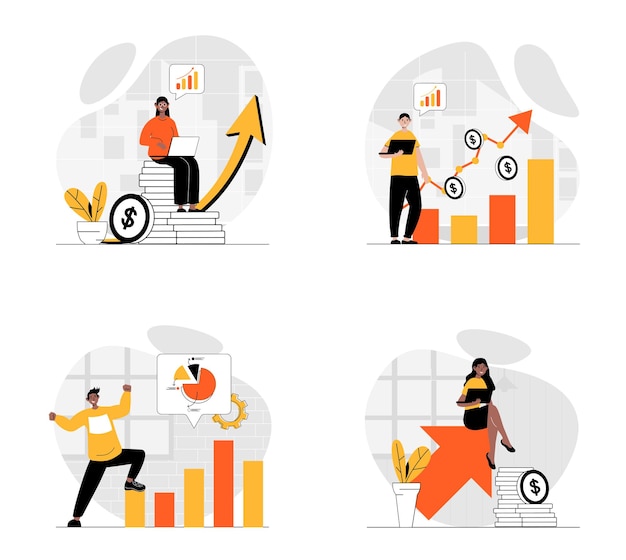 Vector sale performance concept with character set collection of scenes people analyze financial statistics graph increase purchases number earning more profit vector illustrations in flat web design