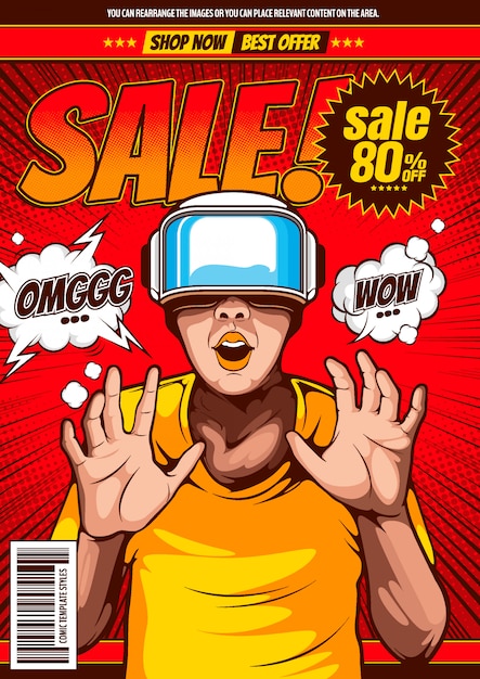 Sale pop-art design, comic cover template background.