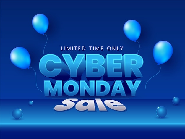 Vendita poster o banner design con palline di testo 3d cyber monday e palloncini su sfondo blu