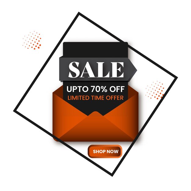 Vector sale poster design with 70% discount offer and open envelope on white background.