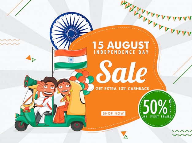 Sale Poster  with Best Discount Offer, Ashoka Wheel, Indian Auto Driver and Woman Doing Namaste on White Rays Background.