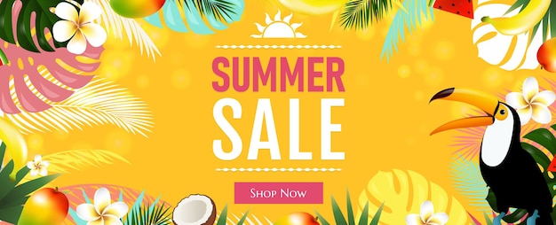 Sale Poster With Bright Palm Leaves And Flowers