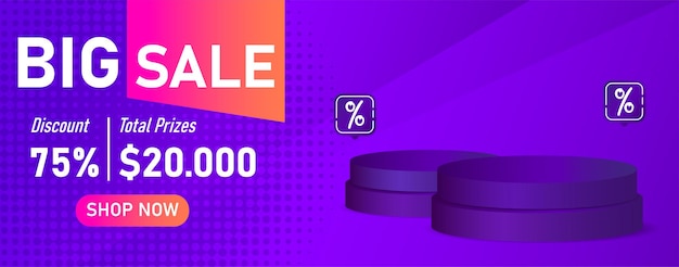 Sale promotion banner design with podium vector. Empty cylinder podium on gradient purple background