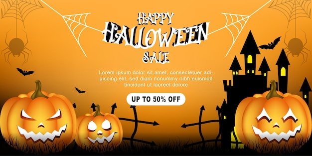 Vettore banner promozionale di vendita con zucche di halloween con offerta di sconto per occasioni speciali