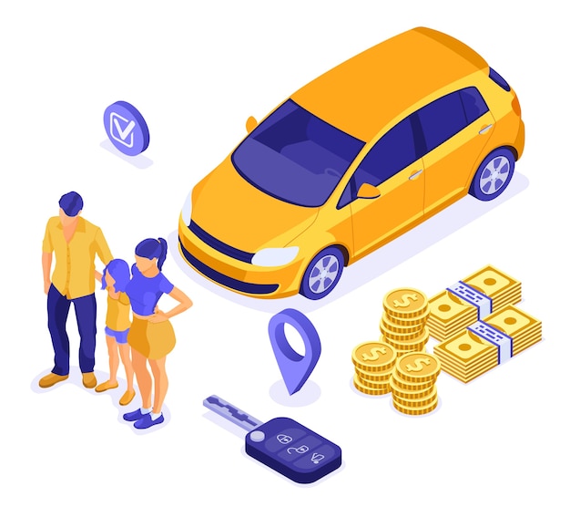 Sale, purchase, rent car isometric concept for landing, advertising with car, key, family with child.