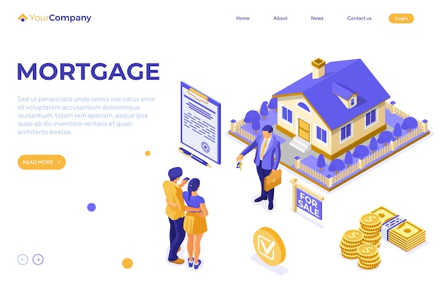 Sale, purchase, rent, mortgage house isometric concept for advertising with home, realtor, key, family invests money in real estate. landing page template.