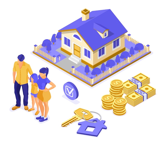 Vector sale, purchase, rent, mortgage house isometric concept for landing, advertising with home, key, family with child invests money in real estate. isolated