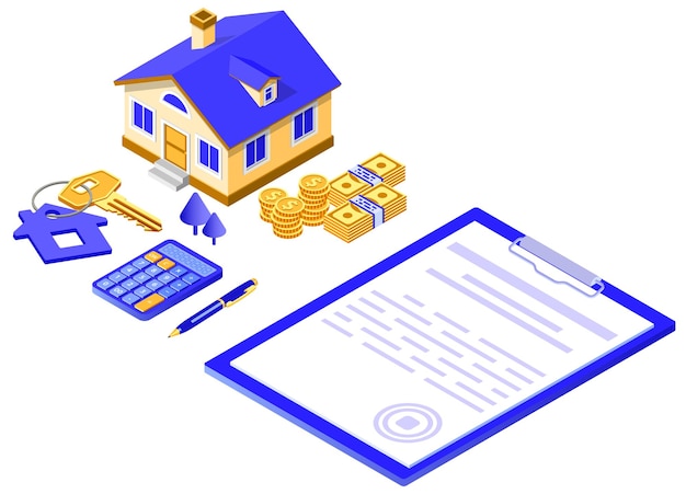 Sale purchase rent mortgage house isometric concept with home on clipboard money key