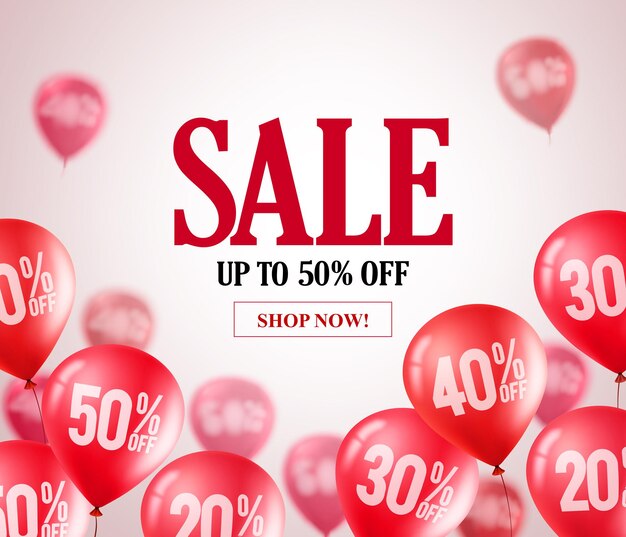Sale red balloons vector banner. Flying red balloons with 50 percent off in a background.