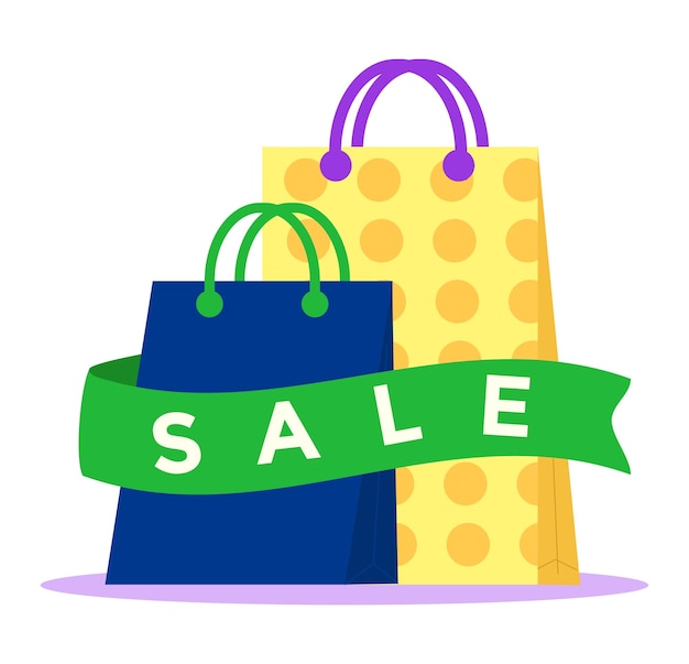 Sale sign at store shop bag vector illustration retail gift with discount design concept isolated on white set commerce paper bag