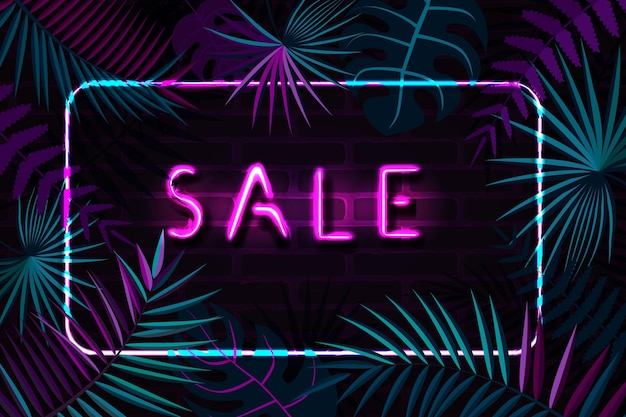 Vettore segno di vendita con luce al neon incandescente su sfondo foglie tropic offerta speciale illustrazione vettoriale con piante per coupon buono banner flyer