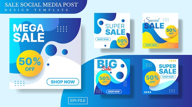 Sale social media post template design with gradient abstract background in blue and orange color vector illustration