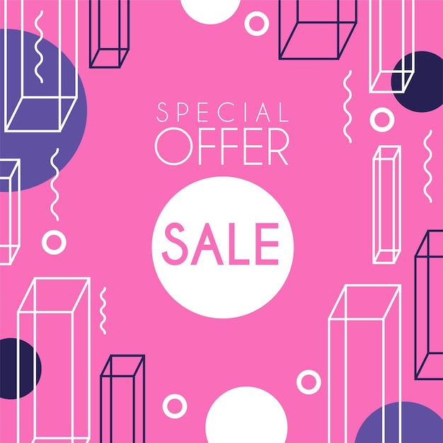 Vettore offerta speciale di vendita modello di banner design sconto stagionale poster pubblicitario rosa con forme geometriche vettoriale illustrazione web design