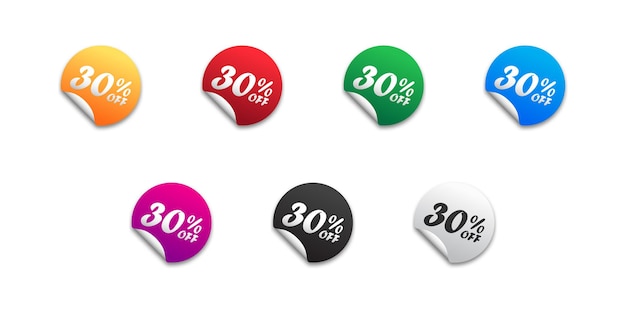 Sale sticker set with 30 Label with 30 percent off Flat vector illustration