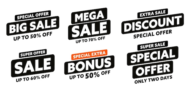 Sale sticker with special offer discount and bonus set mega big extra bonus super sale badge with up...