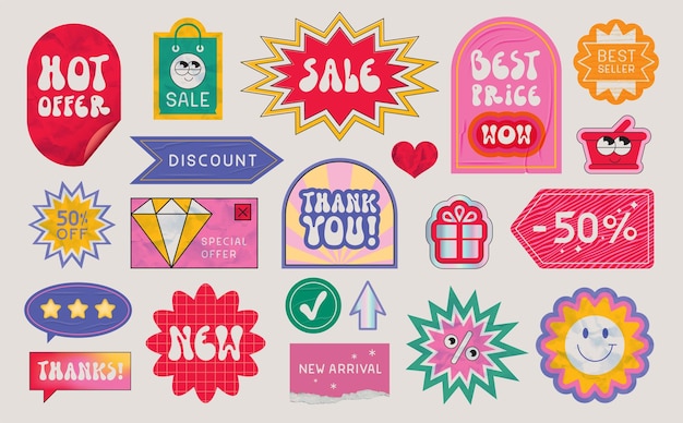 Vector sale stickers set glued crumpled wrinkled and textured sale stickers and labels