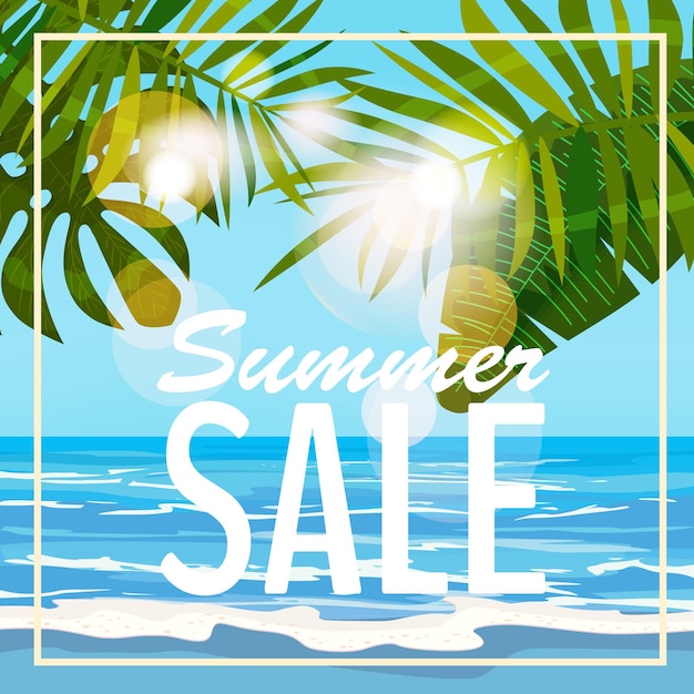 Sale summer banner poster with tropical leaves jungle leaf sea tropical summer background