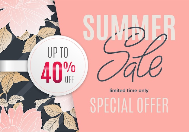 Vector sale summer banner with flowers ink sketch and white round sticker 40 percent off