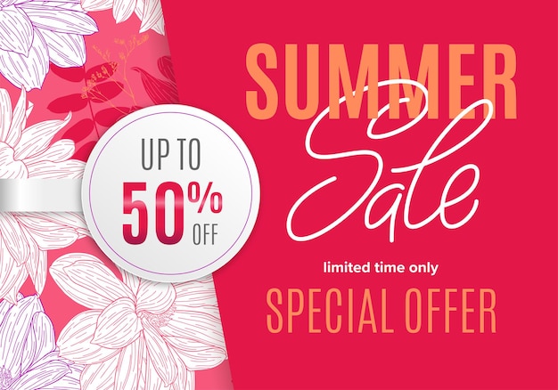 꽃 잉크 스케치와 흰색 원형 스티커가 있는 여름 배너 판매 50% 할인