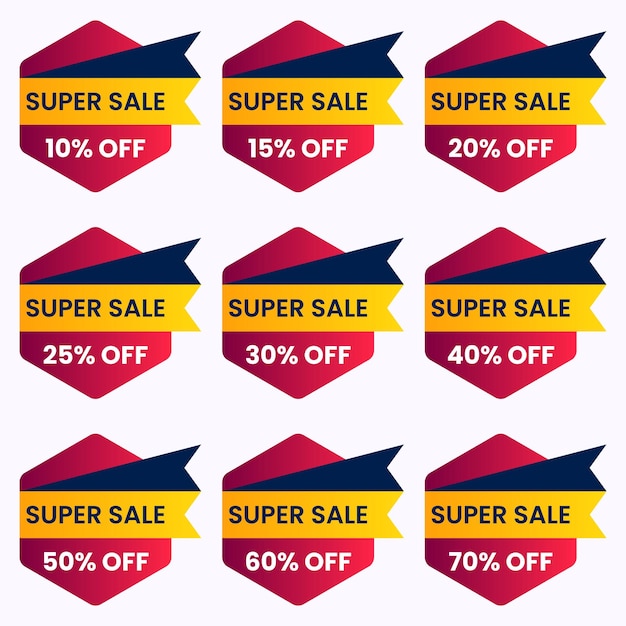 Vector sale tag badge with different discount set. up to 10,15,20,25,30,40,50,60,70,80 percent off