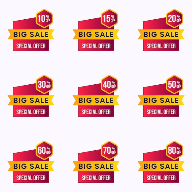 Sale tag badge with different discount set. up to 10,15,20,25,30,40,50,60,70,80 percent off