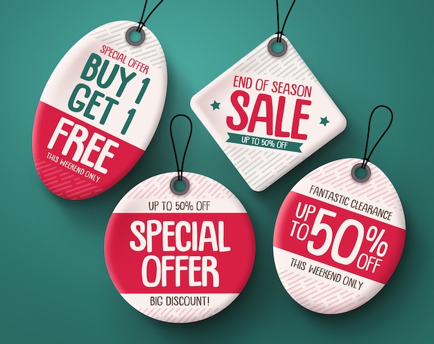 Sale tag vector set. Paper price tags template with sale and discount text in red color.