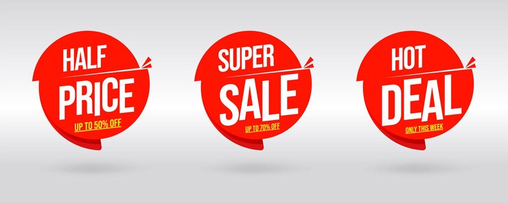 Vector sale template with limited offer up to 50 and 70 percent off. red round badge, sticker, label with hot deal condition, half price super only this week vector illustration isolated on white background