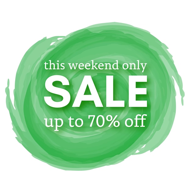 Sale this weekend only up to 70% off sign with shadow over red watercolor spot. Vector illustration.