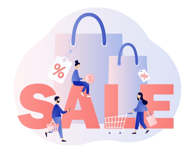 Sale Tiny people online Flat cartoon style Vector illustration