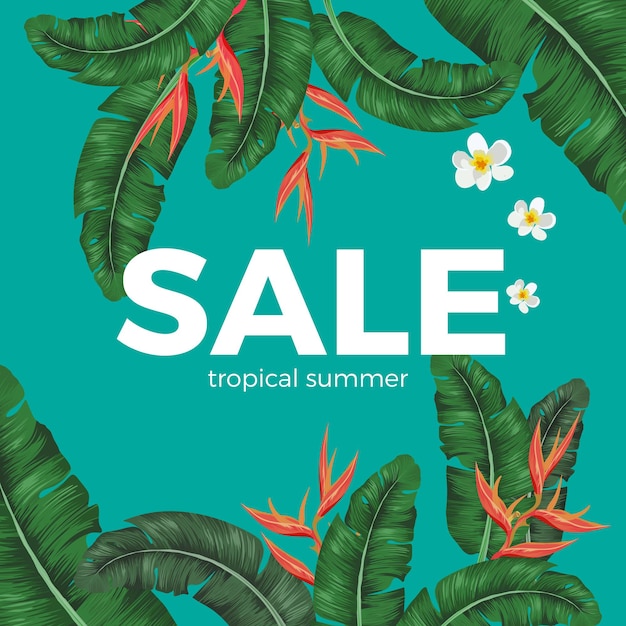 Продажа тропических летних плакатов с зелеными листьями и экзотическими цветами