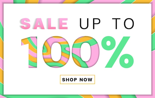 Vector sale up 100 off promotion discount online shopping abstract pink green orange 3d layer cutout paper