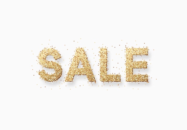 Sale, vector illustration text golden with bright sparkles.