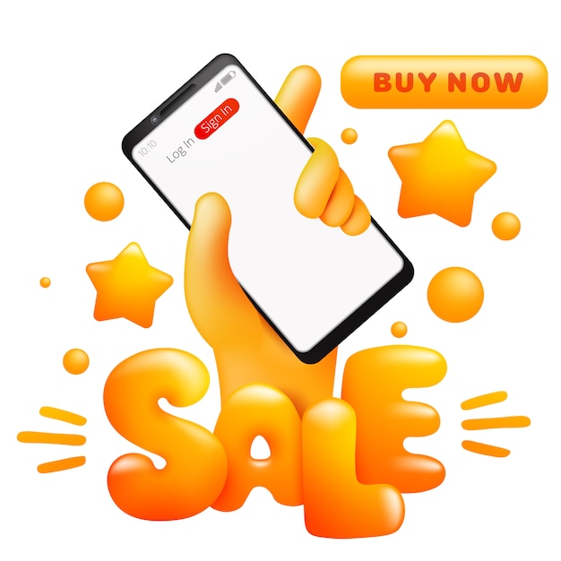 Sale with cartoon yellow hand holding smart phone. online shopping. buy now button.