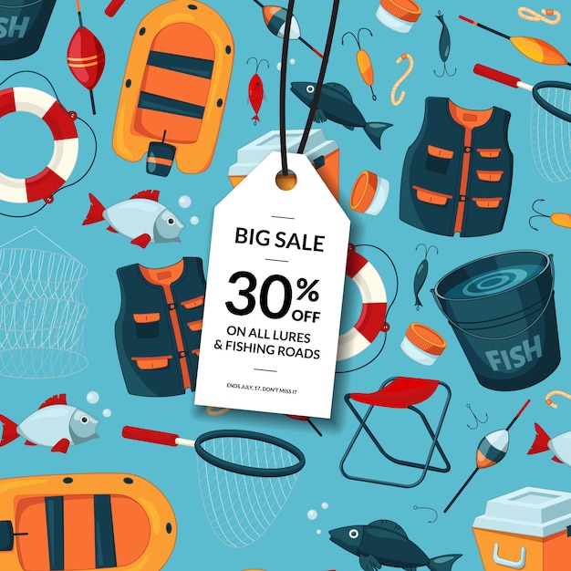  sale with hanging tag and place for text with cartoon fishing equipment 