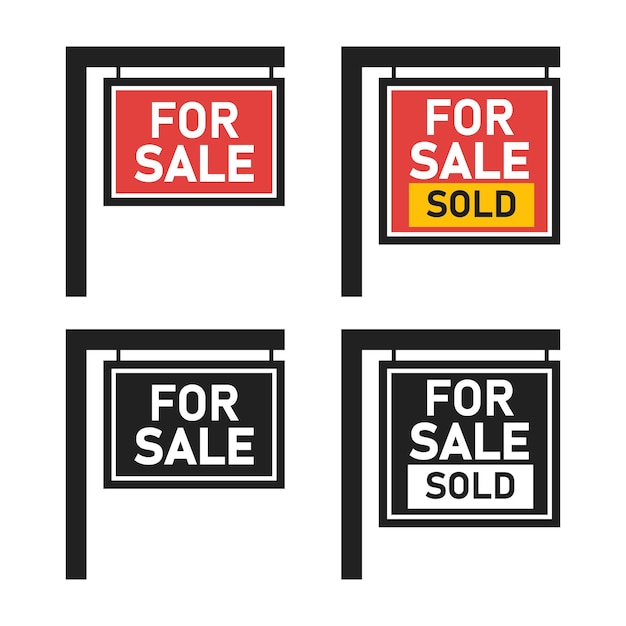 販売のための木製のプラカード セット不動産のサインを購入または賃貸住宅フラット スタイルのベクトル図