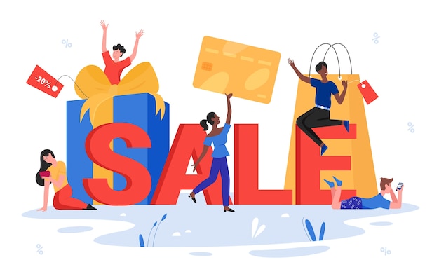 Sale word  illustration.   happy customer people holding credit card, tiny shopper characters enjoying shopping, standing next to sale lettering, typography