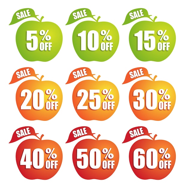 Vector salebig sale tags with sale up to 5 60 percent text on apple shape colorful tags