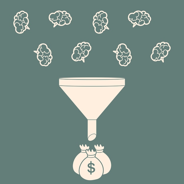 Sales funnel converting brains into money flat style vector illustration of data tunnel and creative process